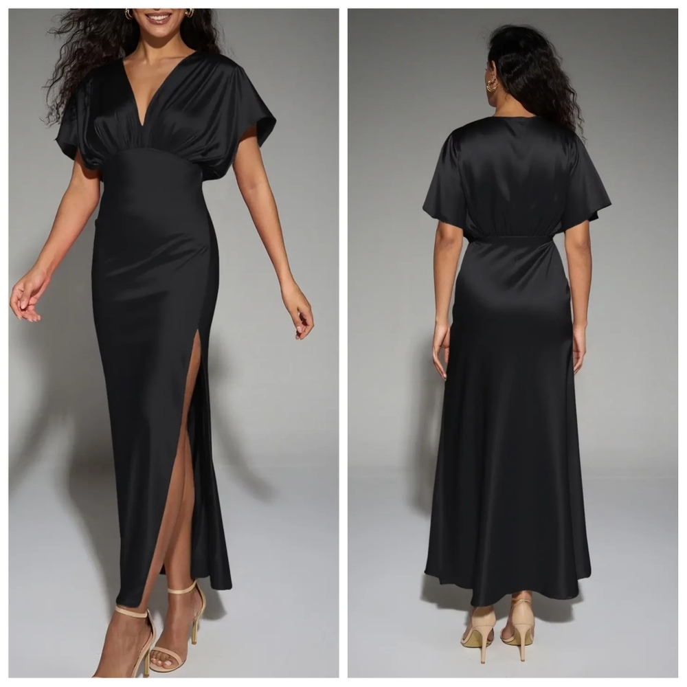 AW Valeria Black Metallic Crystal Satin A-Line Dress | 14 | Ankle Length | NWOT